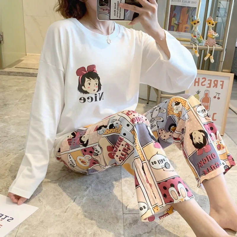 

Women Pijama Autumn Pajamas Sets O-Neck Sleepwear Kawaii Japan Anime Kiki Delivery Service Long Sleeve Shirt Pyjama Mujer Girls