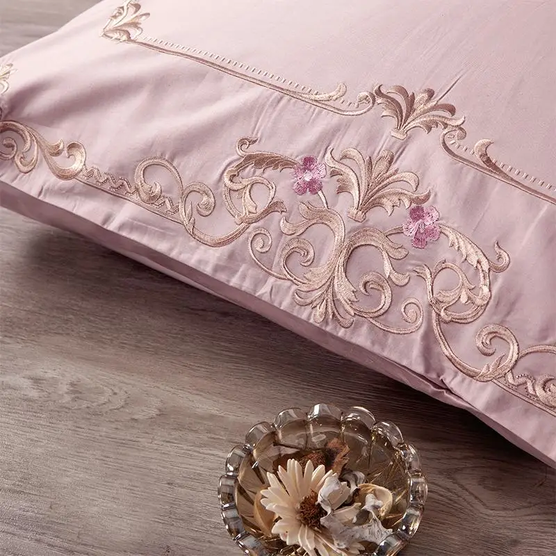 

45 Pink Embroidery Flowers Luxury Bedding set Egyptian Cotton Queen King size Bed set Duvet cover Bed sheet set Pillow shams