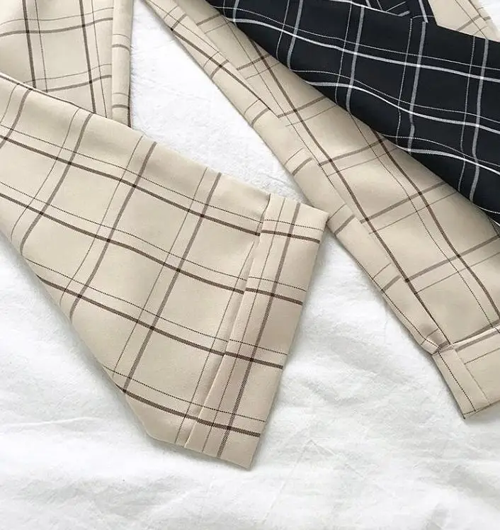 

New spring summer casual lace up ankle-length pants women's plaid loose harem Nine pants