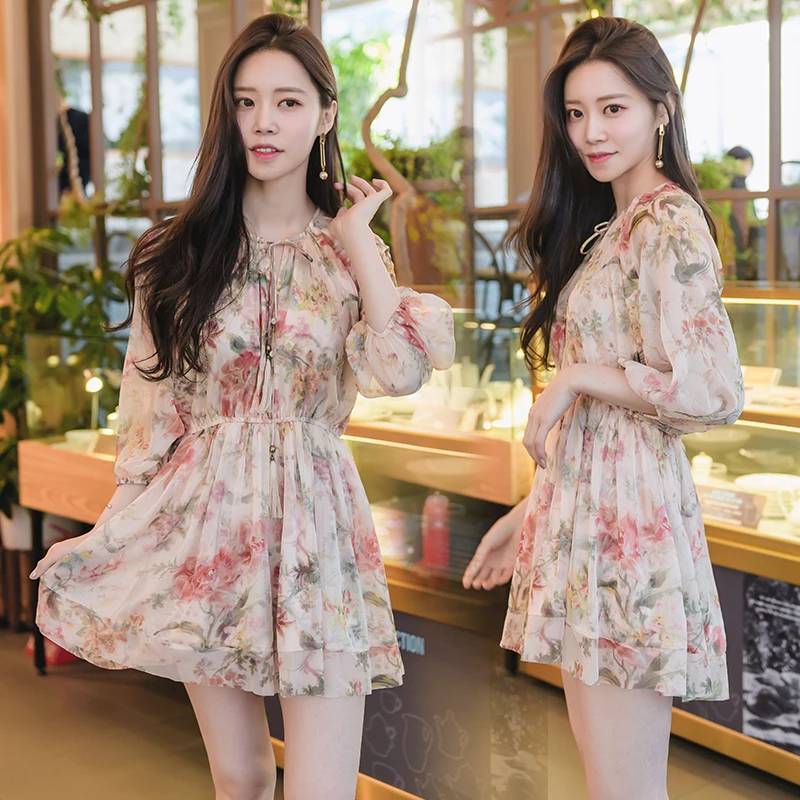 

New Broken Flower Chiffon dress female fresh short 2018 spring dress version loose retro printing
