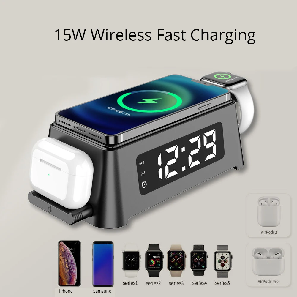 Часы-Будильник Bonola беспроводные 15 Вт 4 в 1 для iPhone 13 12 Pro Max Apple Watch 7 6/Airpods | Мобильные