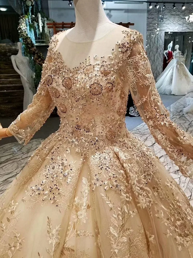 LS147944 Роскошные Дубай женские платья для особых случаев круглый вырез с длинным рукавом бальное платье блестящее Золотое кружево мусульманские Вечерние платья со шлейфом
