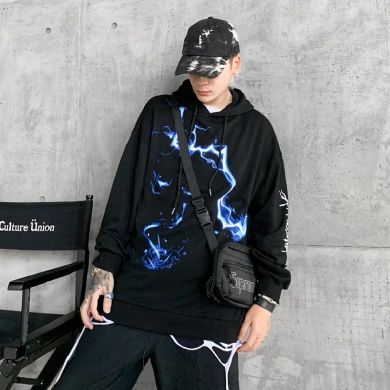 

Fashion Pullover lightnight print Lightweight streetwear reflective print Hooded Fleece Mens Oversized Hip Hop Sweatshirt
