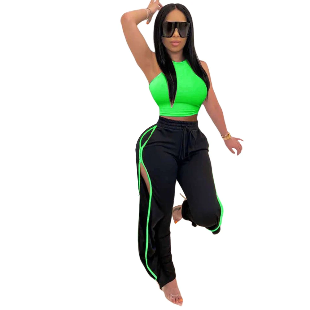 

Women 2 Piece Pants Sets 2020 Solid Crop Tank Tops and Side Split Sweatpants Outfits Woman Two Pieces Sets Tracksuits Female