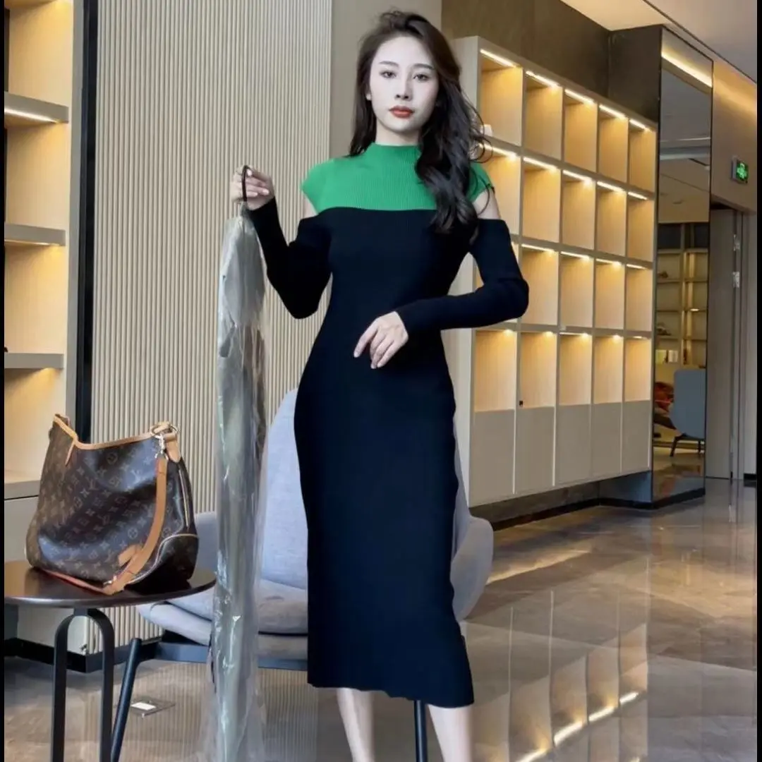 

Women New 2022 Autumn Winter Slim Fit Knitted Dress Fashion Female Elastic Sweater Dresses Lady Sexy Bodycon Split Vestidos J39