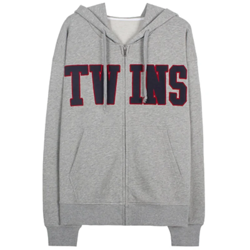 

European and American zipper hooded sweater warm jacket solid sweatshirt street park retro gray contrast cotton color letters