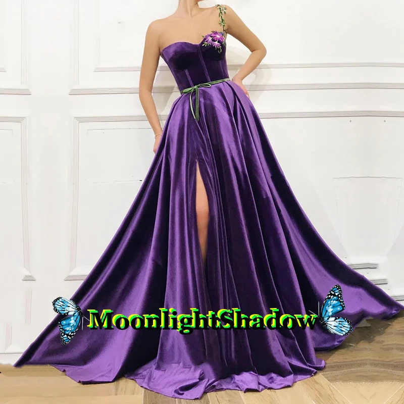 

Purple Velvet Flowers Evening Dress Slit High Belt Aline Dubai Arabic Saudi Arabian Vestidos De Festa Formal Party Prom Plus