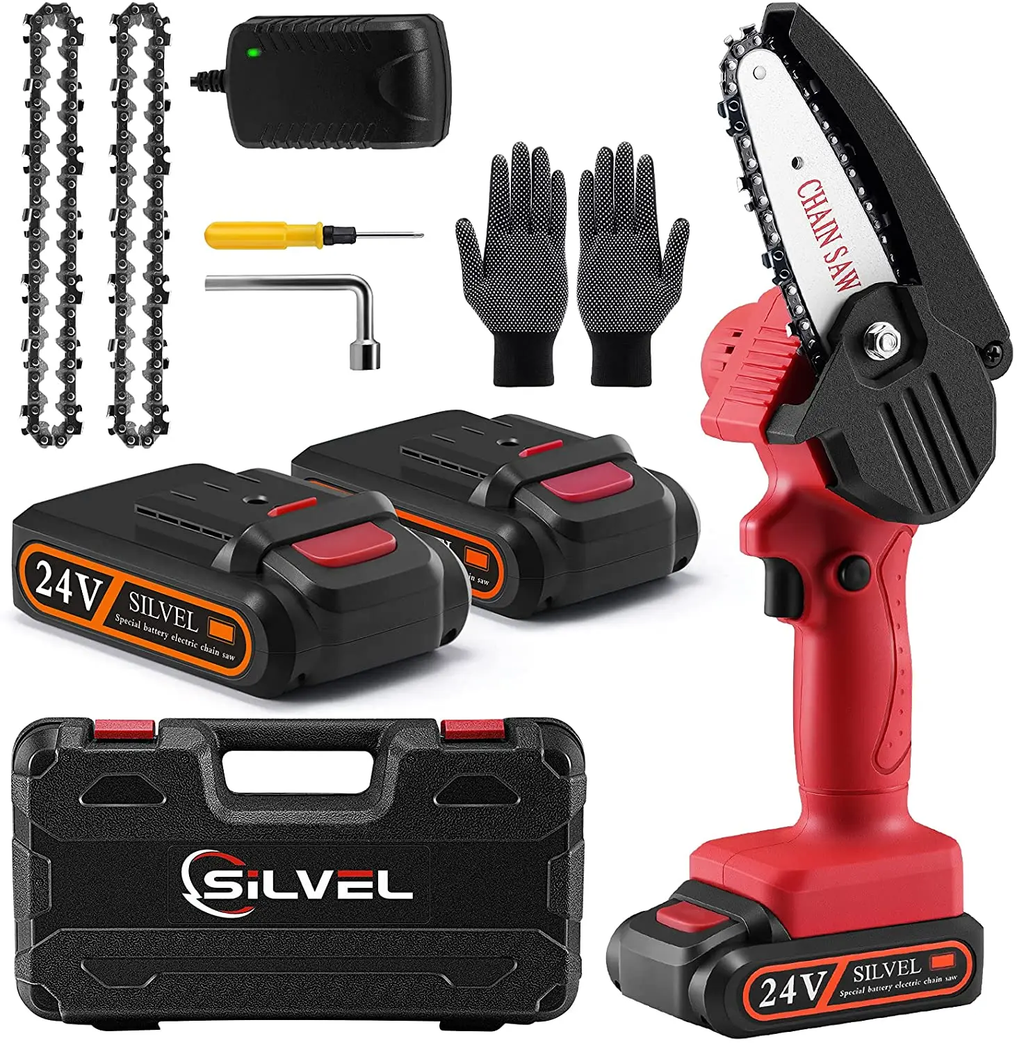 

SILVEL Mini Chainsaw, 4 Inch 24V Cordless Mini Chainsaw with 2 Batteries and 2 Chain, Electric Pruning Saw for Metal wall plate