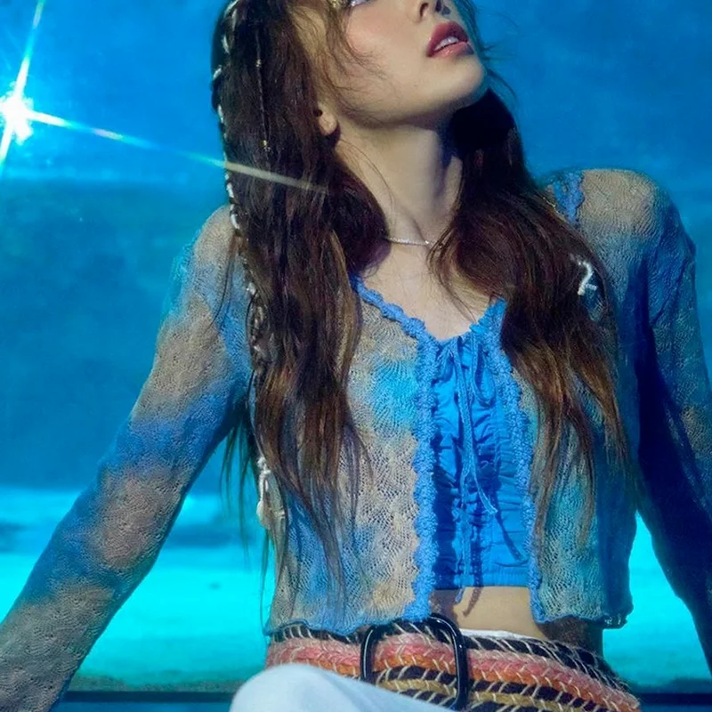 Корейский модный градиентный кардиган вязаный свитер на шнуровке женская