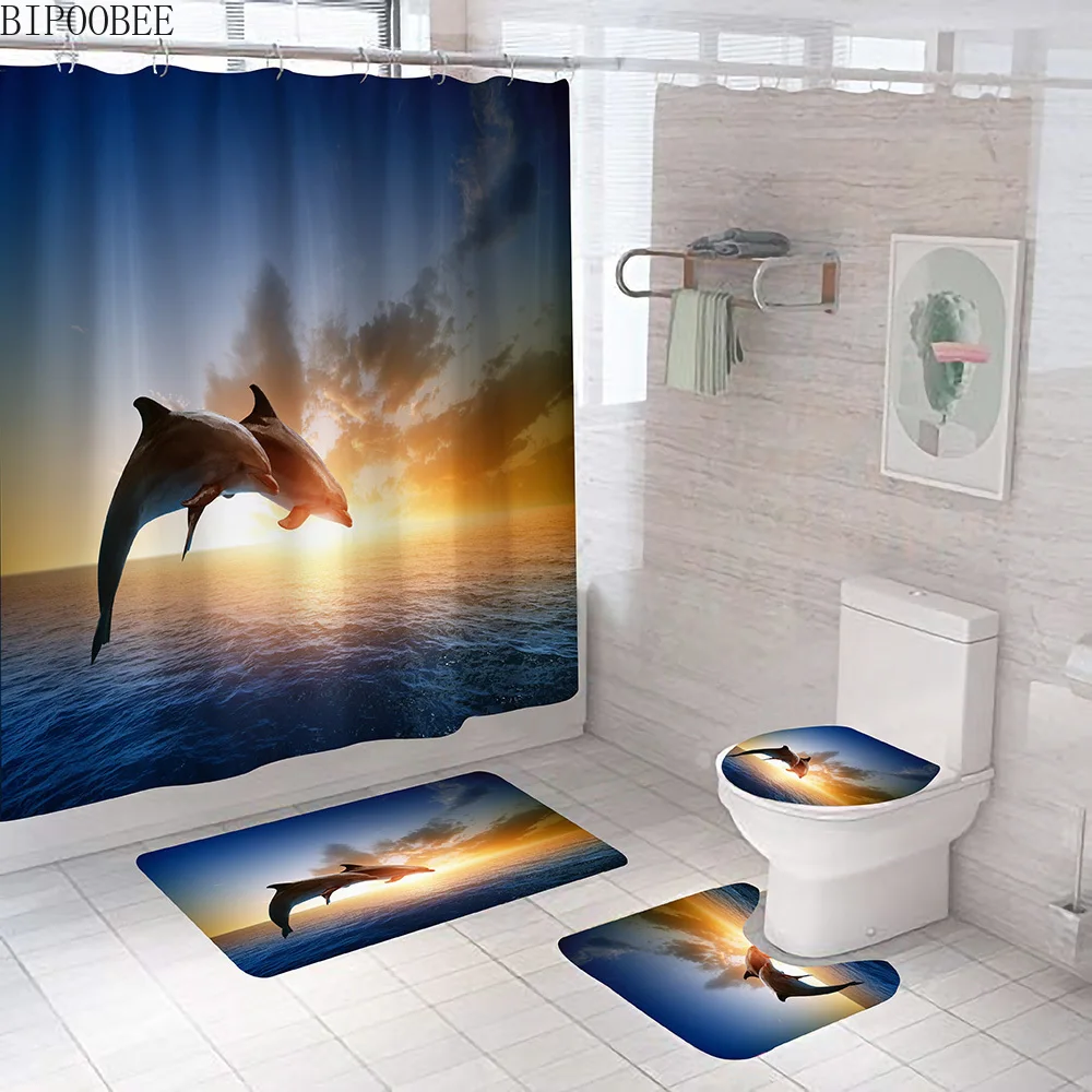 

Ocean Dolphin 3d Shower Curtain Bathroom Curtains Set Sea Scenery Flannel Toilet Lid Cover Non Slip Carpet Bath Mats Rugs