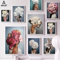 flower head women feather posters and prints nordic figure canvas painting girls wall art flower picture for living room bedroom
