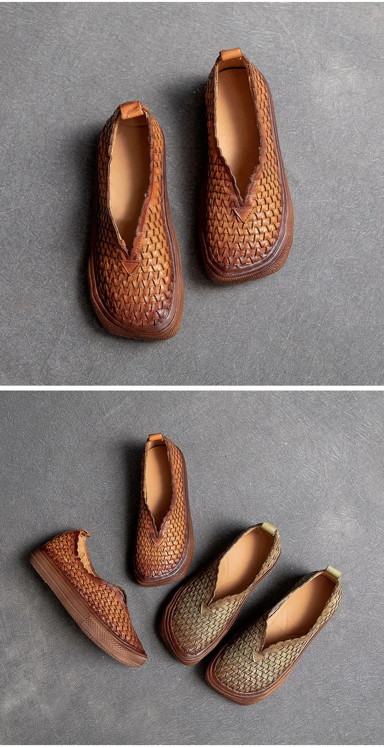 

2021 genuine leather hand-woven retro polished square toe low-top flat bottom ladies high-quality fashion shoes