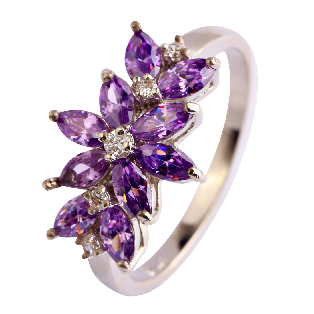 

Fashion Crystal Flower Rings For Women AAA Purple/Red Silver Colorls Plated Wedding Finger Ring Fine Jewelry Bague Accessories