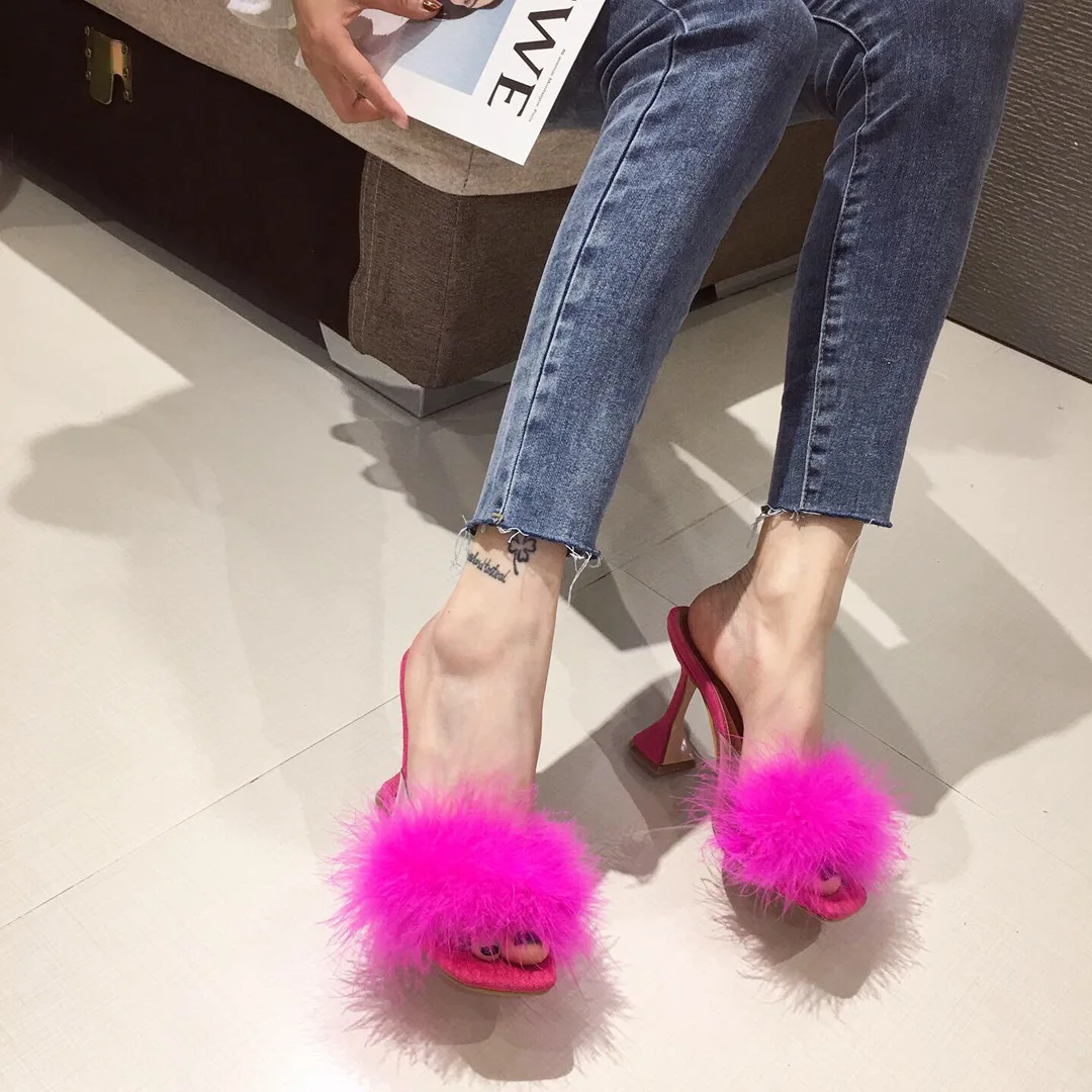 2020 Summer European and American  Transparent Square Crystal Spool Heels High Heels Slippers Shoes Large Size 41 fur slides