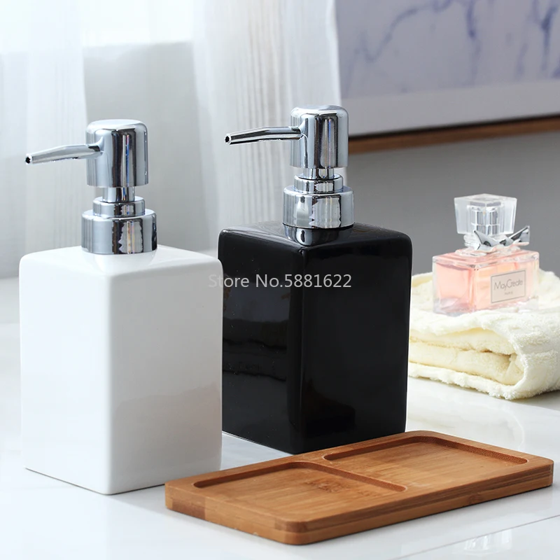 

320ml Ceramic Emulsion Press Bottle with Wooden Tray Black and White Sub-bottle Modern Simple Home Hotel Bathroom Soap Dispenser
