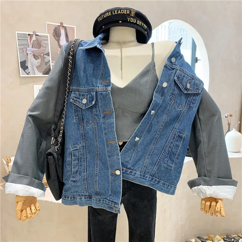

New Women's Clothing 2021 Autumn Long sleeve Splicing Color contrast denim coat with suspender vest inside two piece set