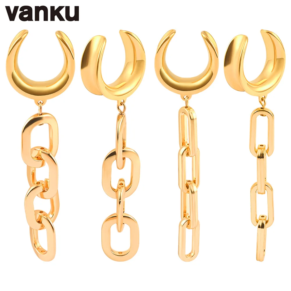 Vanku 2PCS Fashion Saddle Tunnels Chain Ear Weights Stainless Steel Hook Earrings Piercing Hangers Women And Men Body Jewelry