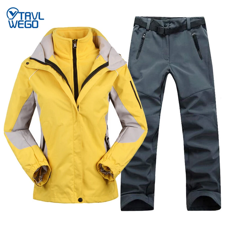 TRVLWEGO Women Camping Hiking Skiing Jacket Pants 1 Set Winter Outdoor Waterproof Windproof with Thicken Fleece Coat&Trousers