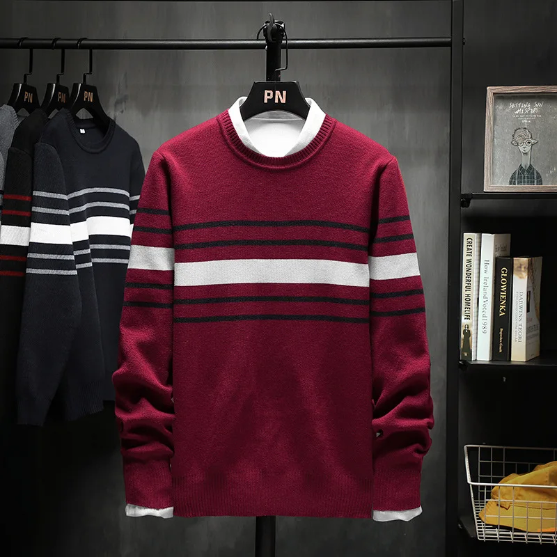 

In the spring of 2020 new men striped sweater sets teenagers round collar knitting render unlined upper garment
