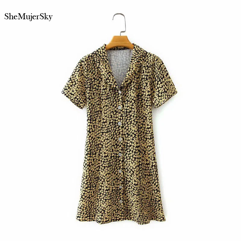 

SheMujerSky, желтое, с цветочным принтом, тонкое летнее женское платье с английским воротником, на пуговицах, 2020, женское платье