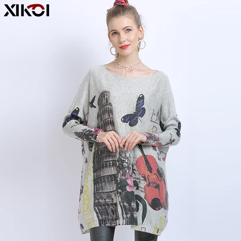 XIKOI Winter Oversized Sweater For Women Warm Long Pullover Dresses Fashion Butterfly Print Jumper Knitted Sweaters Pull Femme | Женская