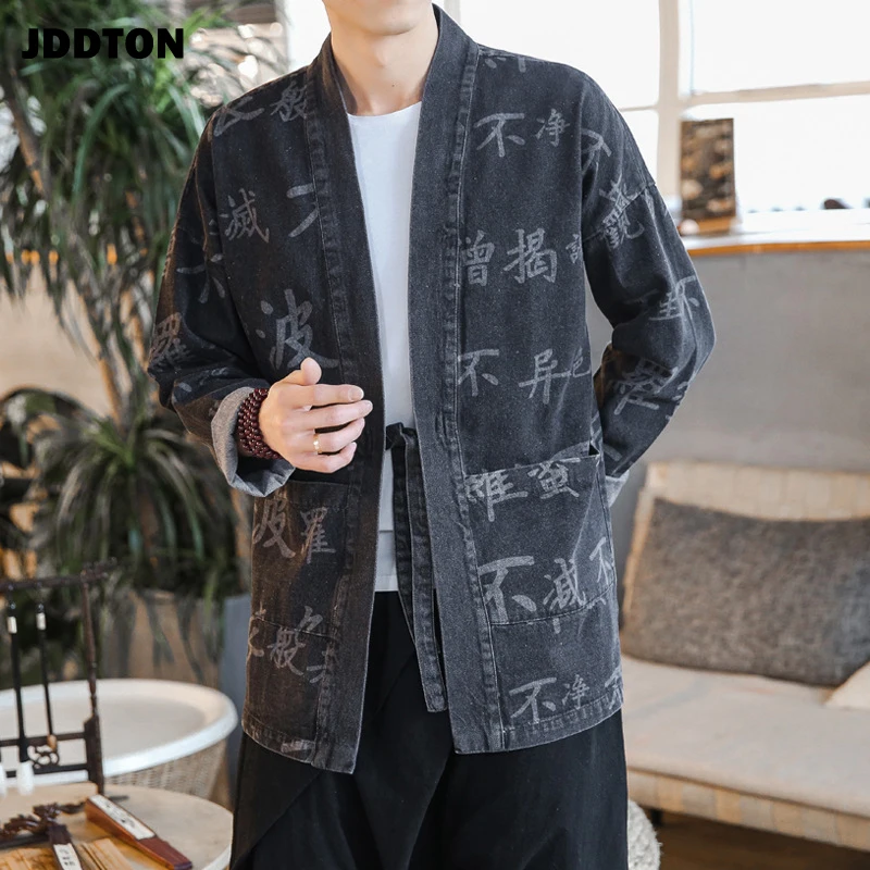 JDDTON весеннее льняное кимоно для мужчин модный Свободный кардиган с надписью