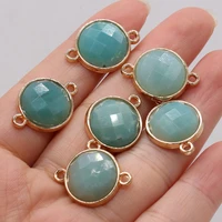 2pcs natural stone round gilded amazonite stone connectors pendants double hole for women jewelry accessories size 17x20mm