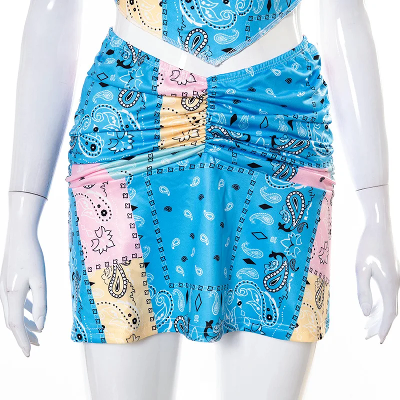 

2 Piece Outfit Sets Backless Ruffles Sexy Streetwear Women 2021 Matching Set Paisley Print Ruched Halter Top And Skirt