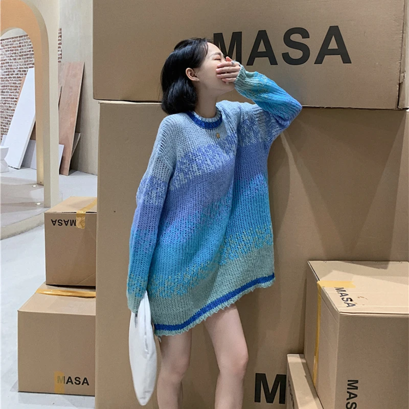 Женский свитер мохеровые вязаные пальто синий язычковый ленивый стиль зимняя