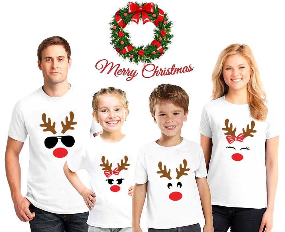

1 Pcs Christmas Deer Face Print Family Matching White T-shirt 2020 Xmas Fashion Dad Mom Tees Son Daughter T Shirts Party Tops