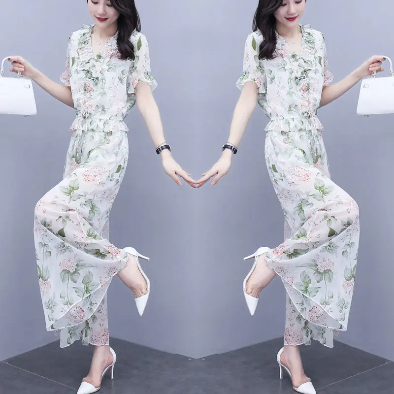 

Women Short Sleeve 2-Piece Set Lace-Up Waist Ruched V-Neck Blouse Prairie Chic Floral Chiffon Culottes Trouser Suit