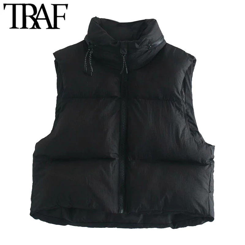 

TRAF Women Fashion Hooded Hidden Inside Cropped Padded Waistcoat Vintage Sleeveless Zip-up Female Outerwear Chic Tops