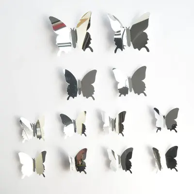 12pcs silver 12 шт. 3D зеркала Бабочка Наклейка на стену s Наклейка на стену Искусство Съемные вечерние комнаты свадебный Декор домашний декор наклейка на стену для детской комнаты - Цвет: 12pcs silver