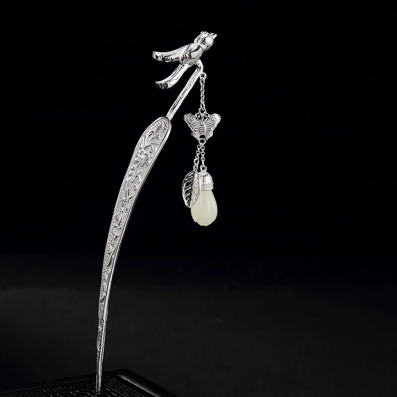 

Silver S925 Sterling Chinese Hair Pins For Women Natural Hotan Magnolia Flower Inlaid Magpie Butterfly Hairpin