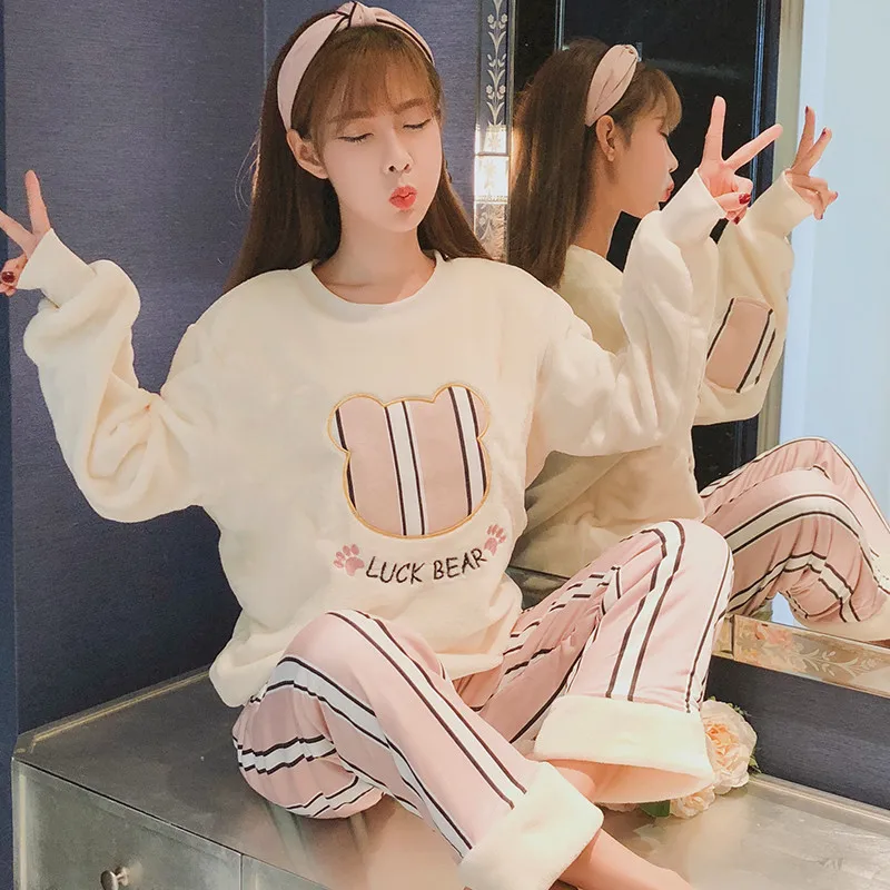 Autumn Winter Women Pyjamas Sets Pajamas Sleepwear Suit Thick Warm Coral Flannel Nightgown Female Cartoon Pijama Mujer | Женская одежда