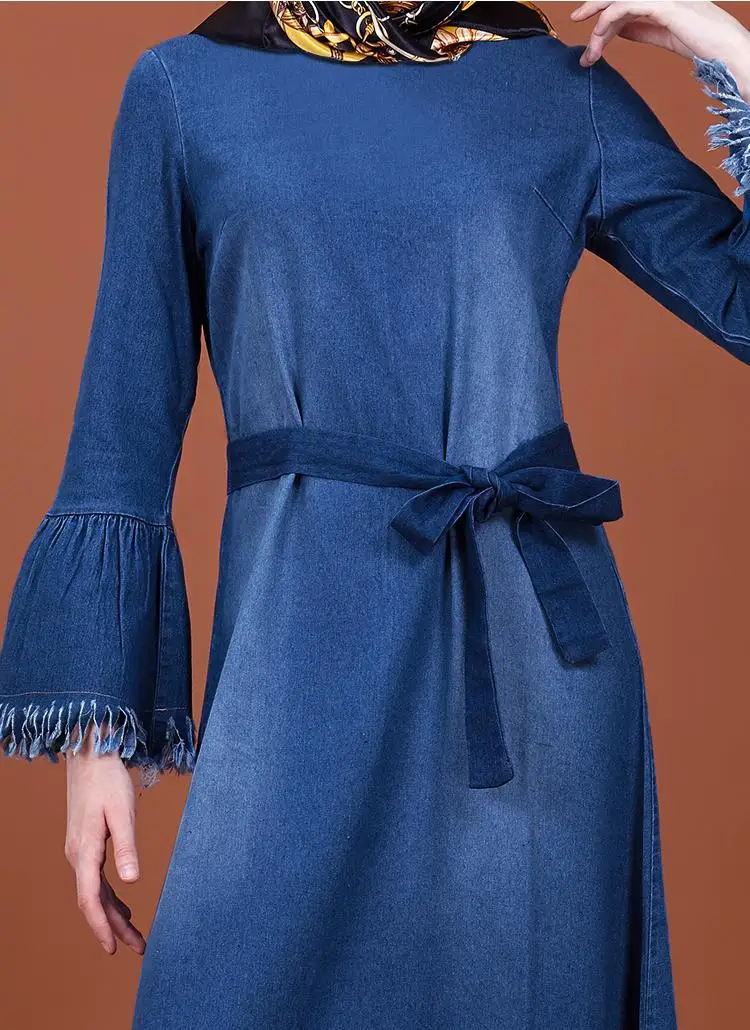 Мусульманское платье макси Abaya джинсовый кафтан Исламский длинный вечерний