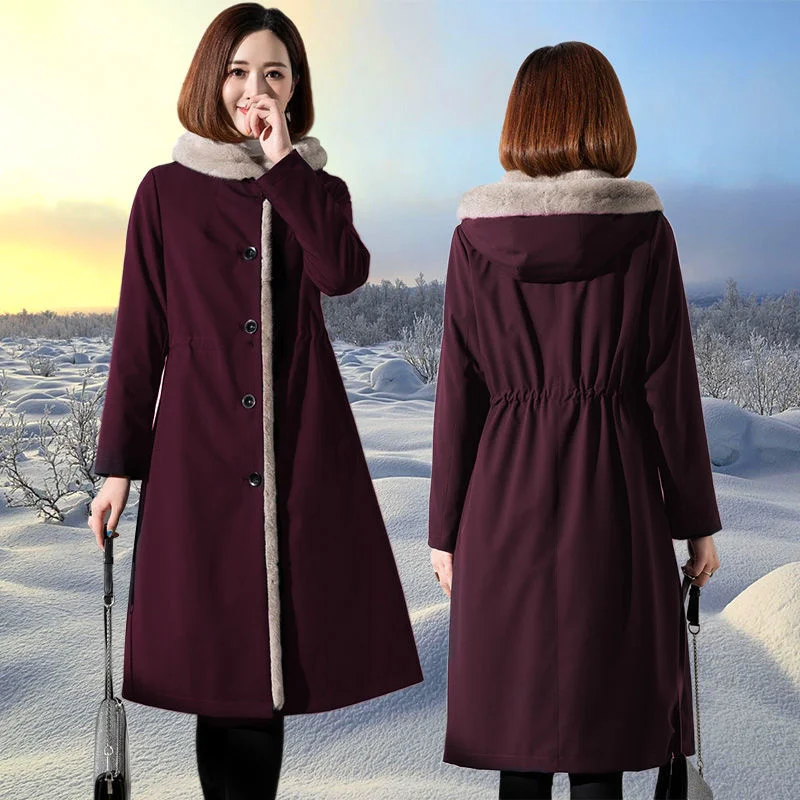 High Quality Imitation Fur Coat Women Winter Long Thick Warm Coat  Buttons Imitation Mink Fur Liner Hoody Parka Women's W76