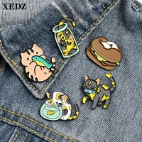 xedz cute cat and fish metal enamel pin cat bottle fish tank hamburger bag clothes brooch badge lapel pin buckle gift for friend