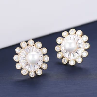 larrauri trendy korean stud cubic zirconia earrings wedding jewelry charms women flower shape imitation pearl earrings jewelry