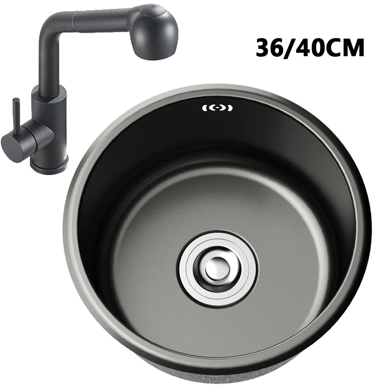 

Black Round Kitchen Sinks Vegetable Washing Basin Sink Stainless Steel Single Basin Bar Sinks Faucet Set seamless welding pia