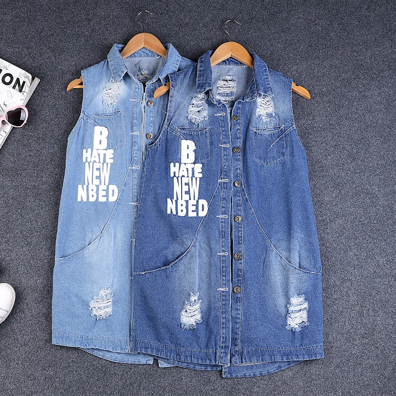 Женский джинсовый жилет с дырками размера плюс S-9XL куртка без рукавов женский