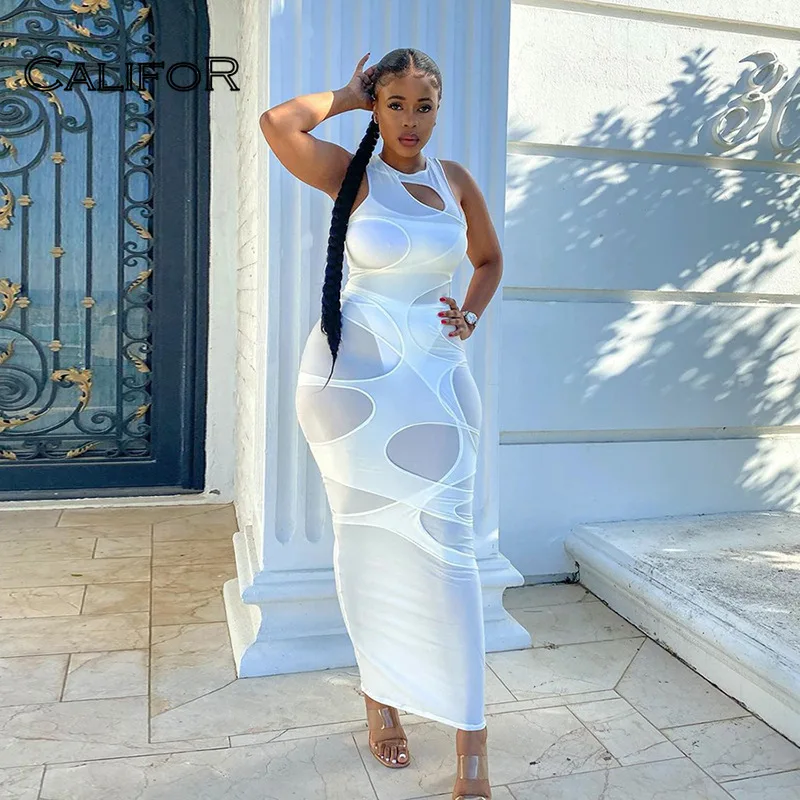 

Новый дизайн, просвечивающие платья, облегающий сарафан из двух частей, летнее женское платье 2021, длинное белое праздничное платье с вырезо...