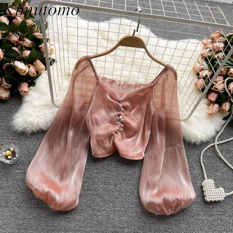 

Kimutomo Solid Short Blouse Women V-neck Puff Sleeve Shirt 2021 Summer Korean New Clothes Female Wild Chiffon Tops Casual
