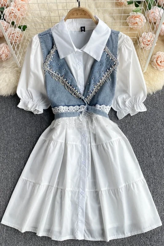

2021 New Summer Puff Short Sleeve Single-Breasted White Shirt Dress Women Denim Lace-Up Rhinestone Vest Coat Two Piece Suit