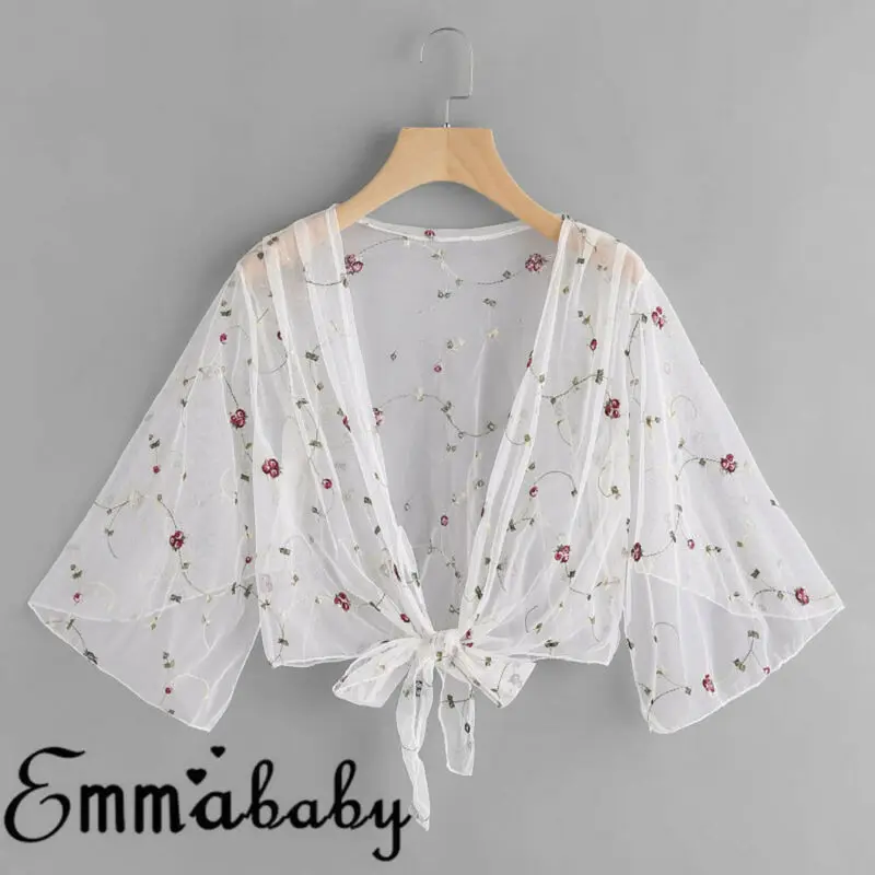 Летняя женская сетчатая блузка с цветочной вышивкой Свободная шифоновая одежда