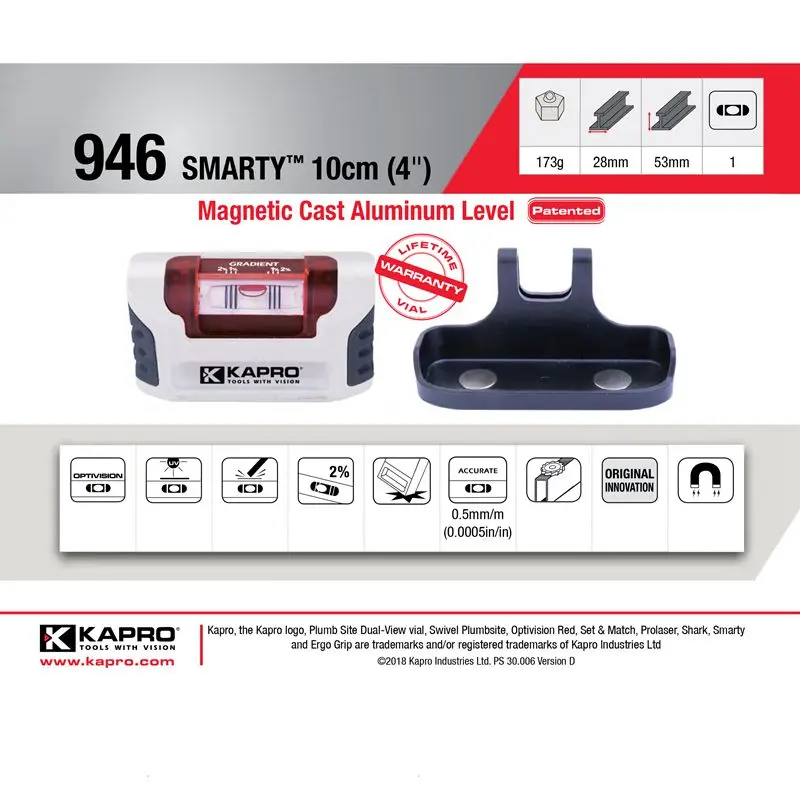 Магнитная линейка Kapro 946 Smarty 10 см (4 дюйма) из литого алюминия переносной