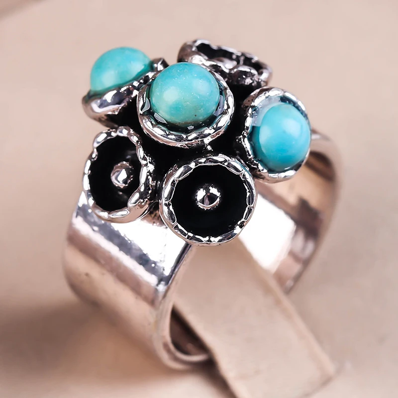 Женское Винтажное кольцо с бутоном элегантное бирюзовое серебряное розовым