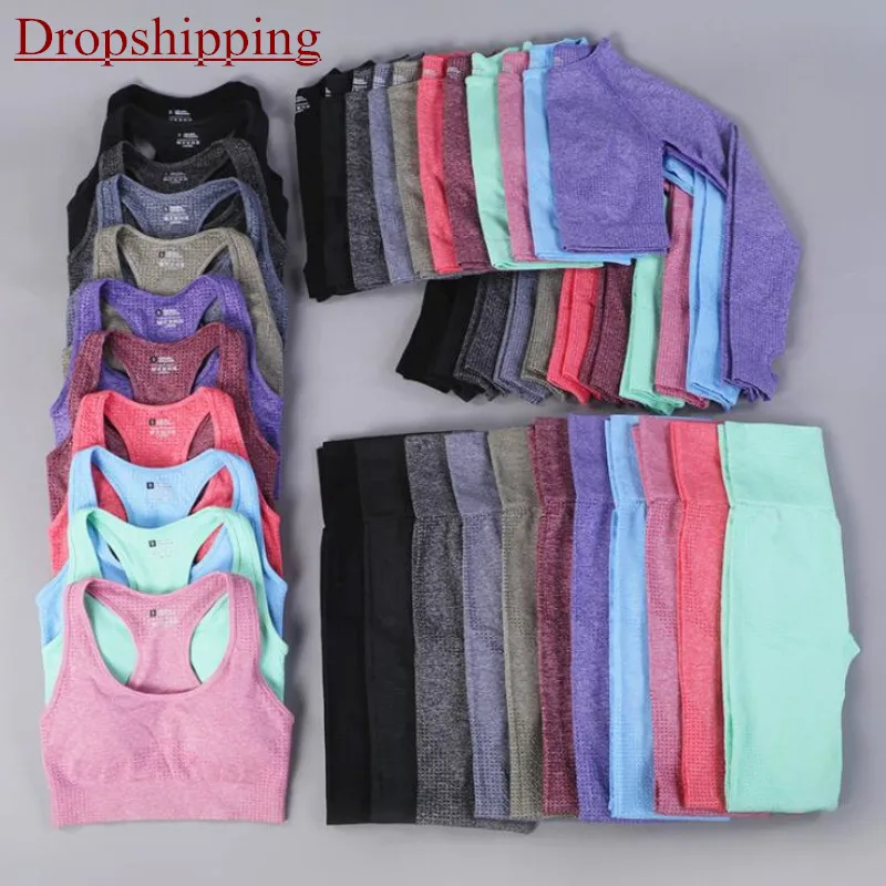 Комплект для йоги бесшовный Женский спортивный костюм фитнеса укороченный топ