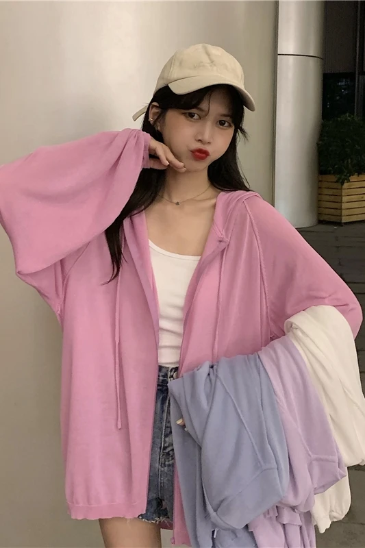 

Spring Autumn Mori Girls Sweatshirts Korean Chic Hooded Solid Color Lantern Sleeve Zip-up Breathable Thin Hoodies for Women 2020