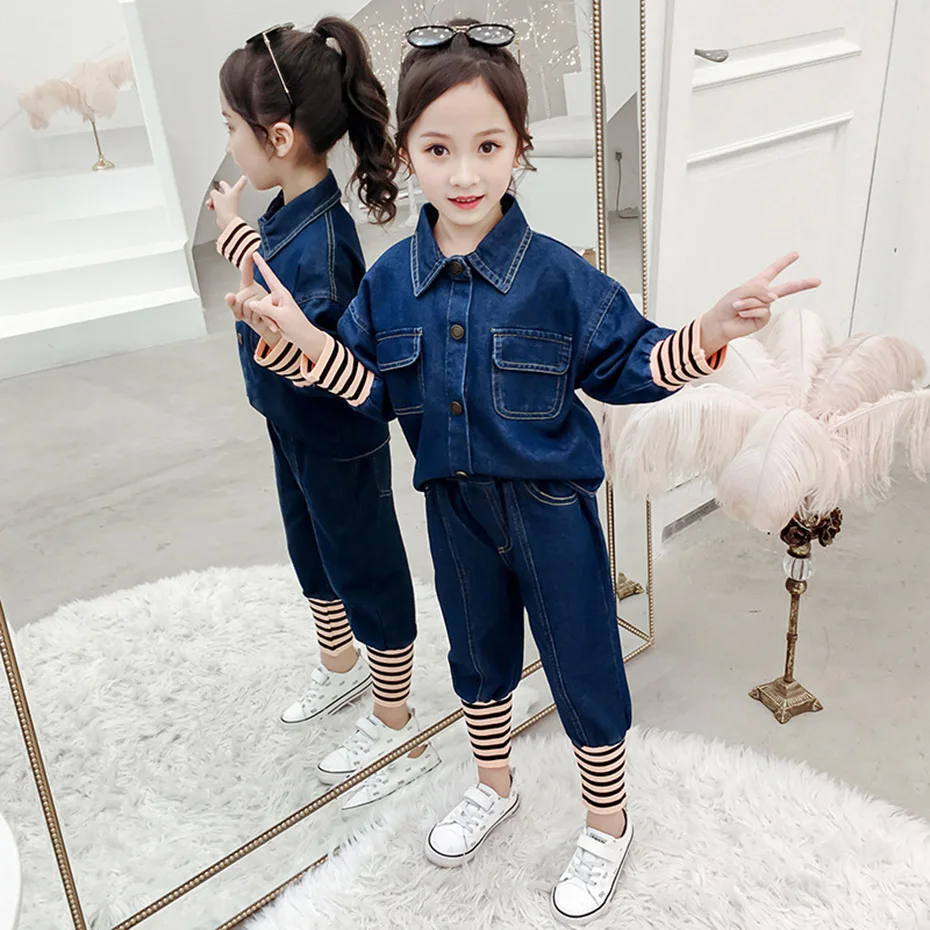Детская одежда джинсовая куртка и джинсы наряды для девочек брюки-карандаш в